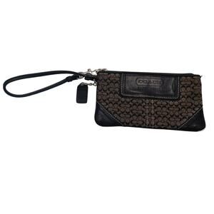 Coach Leatherware Black & Gray Signature Logo  Leather Trim Pouch